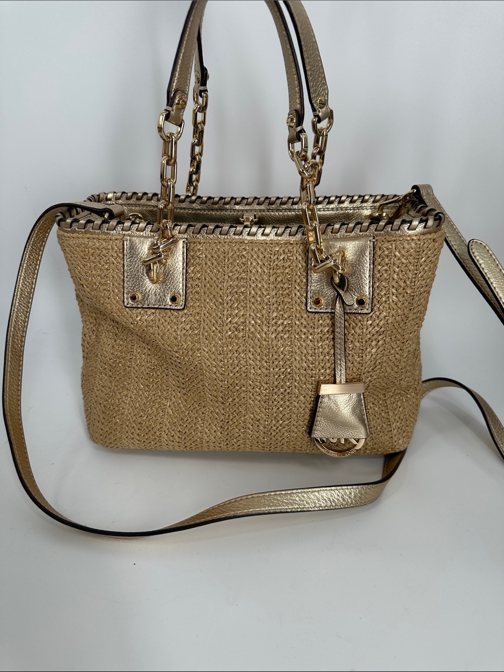 Michael Kors Woven Straw Basket Bag with Gold Trim